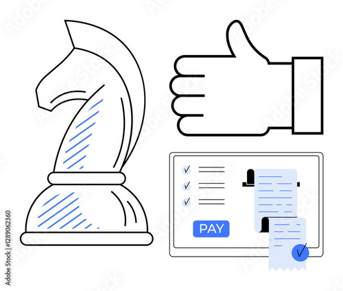 Chess knight, thumbs up, and digital payment screen with receipt convey strategy, approval, and transactions. Ideal for business strategy, online payments, financial approval, customer satisfaction