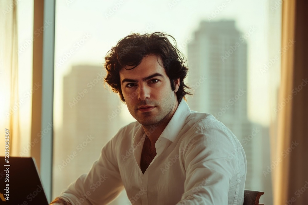 Fototapeta premium A man with dark hair, wearing a white shirt, sits near a window with a city view in the background.
