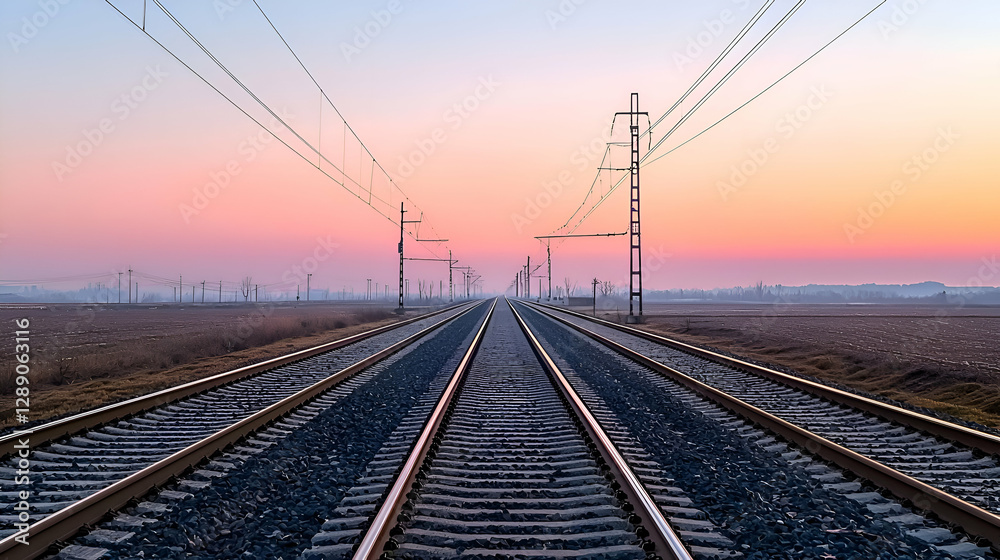 Train Tracks at Sunrise Over a Flat Landscape Train Tracks at Sunrise Over a Flat Landscape