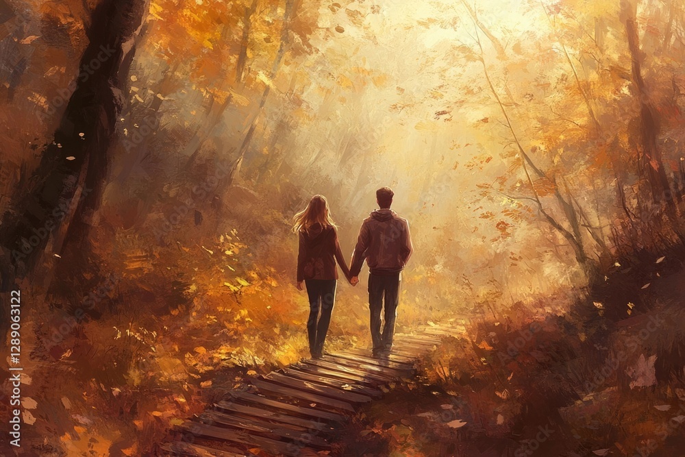 Fototapeta premium A couple holding hands walks down a path in an autumnal forest, bathed in golden sunlight.