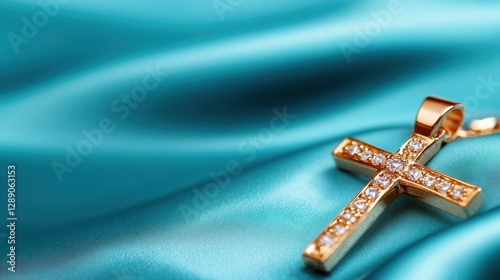 A stunning golden cross pendant adorned with sparkling diamonds rests elegantly on a smooth turquoise silk fabric, emphasizing grace and luxury in jewelry. photo