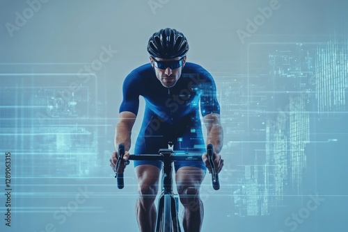A cyclist in a blue racing suit rides a bike, with digital data overlay representing technology and performance tracking.
