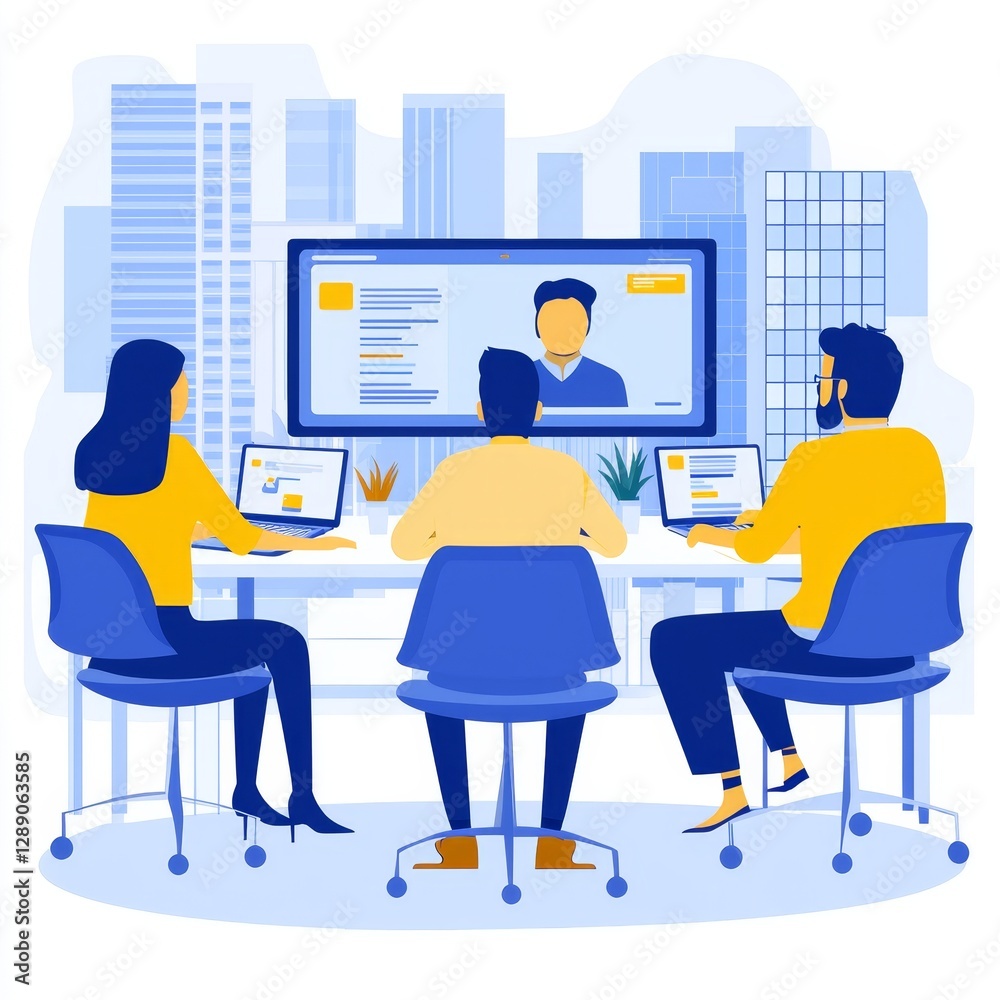 A group meeting with individuals collaborating via video conferencing, surrounded by a modern cityscape, showcasing teamwork and technology. A group meeting with individuals collaborating via video conferencing, surrounded by a modern cityscape, showcasing teamwork and technology.
