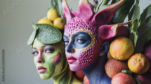Models with body paint that makes them look like fruit (e.g., a womans skin textured like a dragon fruit). 