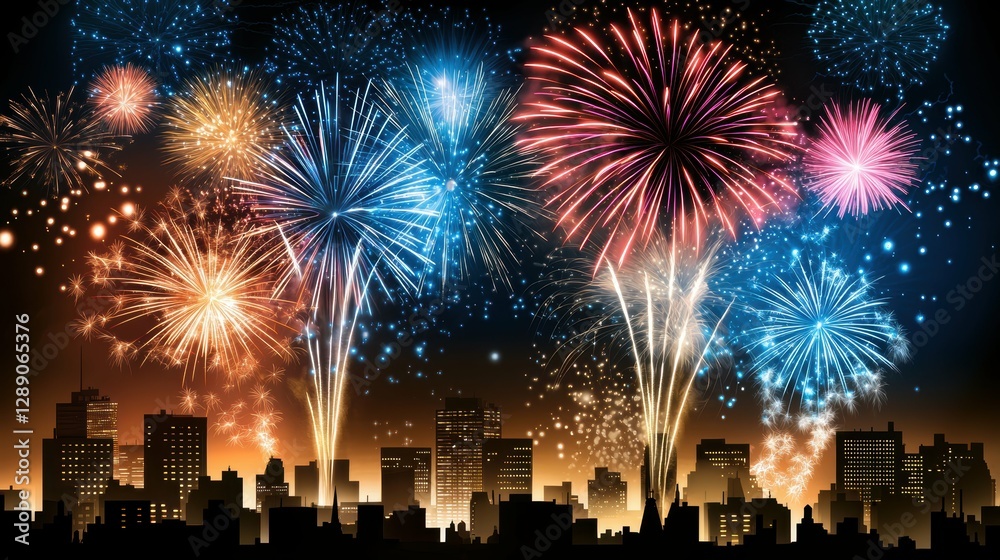 Obraz premium Spectacular fireworks display over city skyline nighttime celebration urban landscape vibrant atmosphere