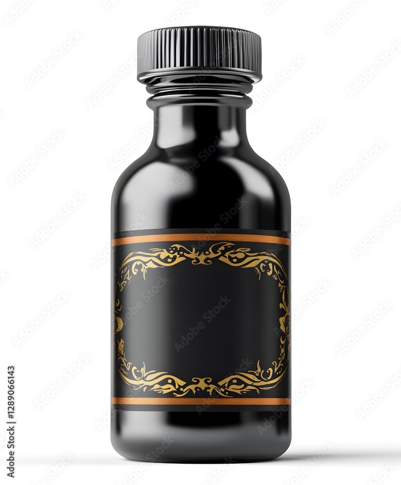 Black bottle with a gold gold label and details Black bottle with a gold gold label and details