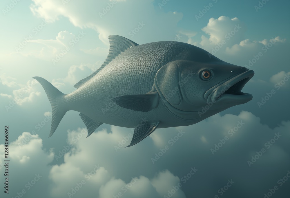Naklejka premium Large Fish Flying High in the Sky with Clouds and Sunlight