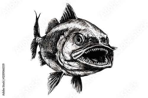 Hand-drawn piranha in vintage engraving style, black sketch on white background, trendy aquatic wildlife art, stylish fish illustration, marine-inspired design.