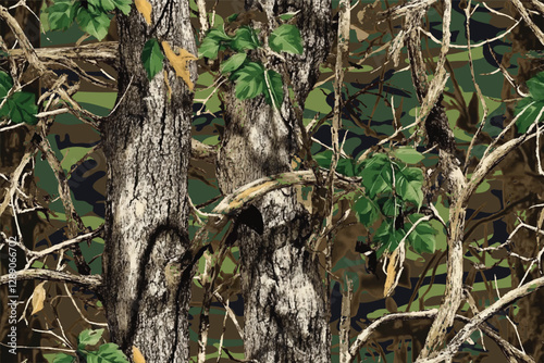Real tree forest camouflage seamless pattern design pattern for hunting and military uniform. Hunting camouflage. Camo pattern