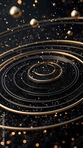Golden spirals create mesmerizing patterns against a dark background filled with glimmering specks of light