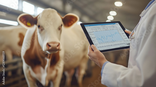 A veterinarian utilizes a tablet to carefully examine the health records of a cow while conducting a routine check-up in a livestock barn