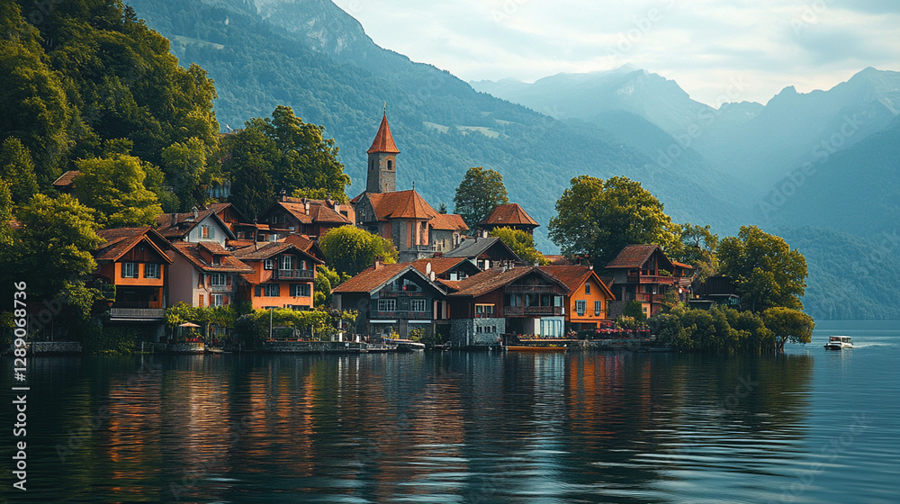 Naklejka premium Historic buildings on tranquil lake island with reflections evoke sense of peace and escape into nature embrace