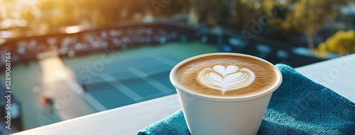 Enjoying a warm cup of coffee while watching a tennis match during a sunny afternoon at a sports complex