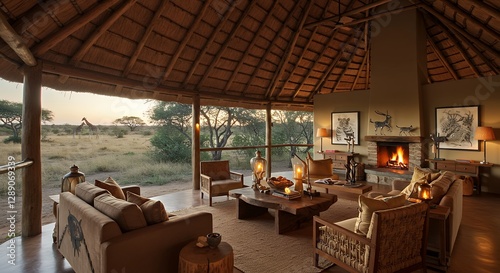 Relaxing lodge interior overlooking African savanna with giraffe during sunset photo