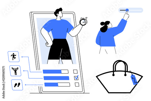 Animated figures interact with a mobile fitness app, adjusting settings, and explore shopping options. Ideal for tech, fitness, shopping, app development, user interface, digital transformation