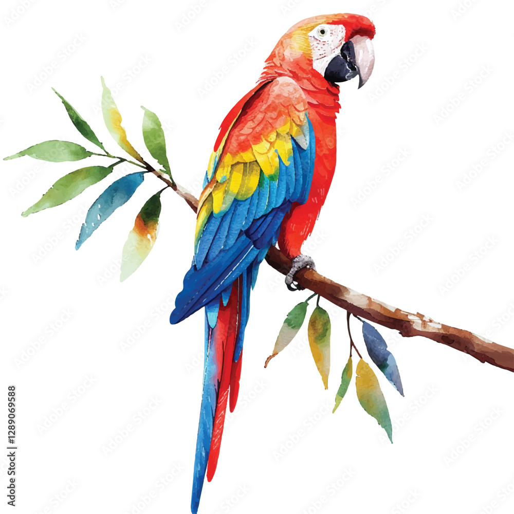 Obraz premium vibrant parrot perched on a tropical branch cartoon style watercolor