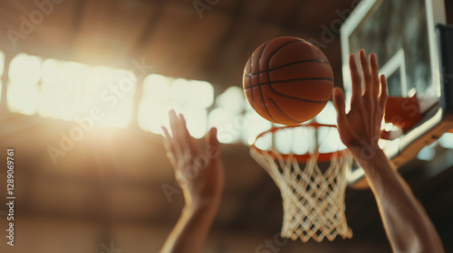 Hands throwing basketball into hoop, ball in mid-air, focused shot. Sharp details, dynamic action.