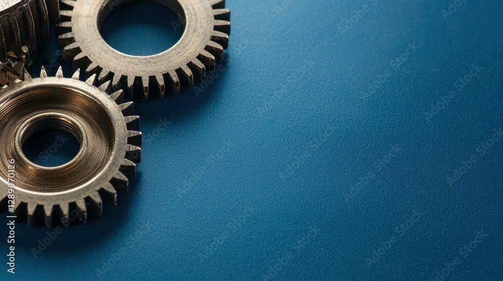 Two metallic gears on a blue background, showcasing intricate teeth and a polished surface, emphasizing mechanical engineering and design.