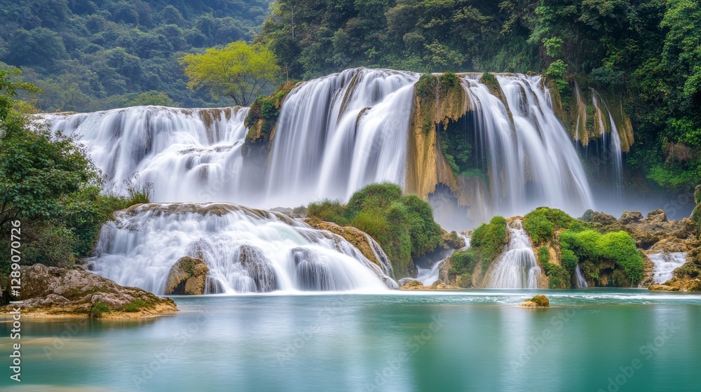 Majestic Waterfall Cascading into Tranquil Blue Pool Below Majestic Waterfall Cascading into Tranquil Blue Pool Below