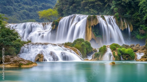 Majestic Waterfall Cascading into Tranquil Blue Pool Below