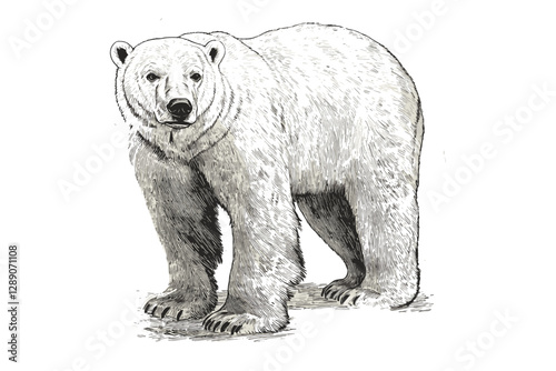 Arctic wildlife predator in vintage art engraving style, polar bear hand-drawn illustration, black sketch vector on white, antique print design.