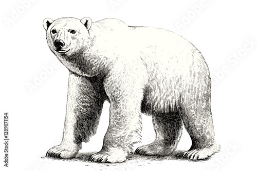 Black sketch-style polar bear in antique Arctic engraving design, vintage illustration for trendy predator print, wildlife vector art concept.