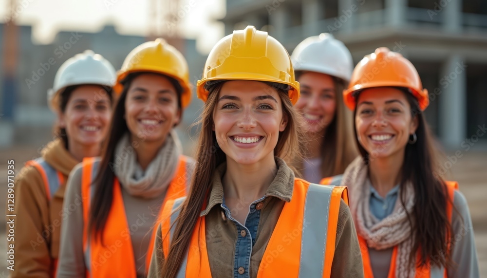 Smiling diverse women group in workwear, safety helmets, vests on construction site. Female engineers, architects team, building industry professionals. Women equality at workplace, leadership Smiling diverse women group in workwear, safety helmets, vests on construction site. Female engineers, architects team, building industry professionals. Women equality at workplace, leadership