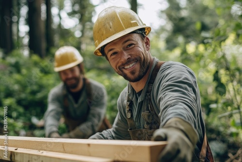 Two lumberjacks working together in a forest, smiling and handling wooden planks.