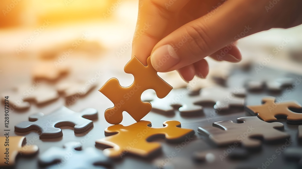 A hand is placing a golden puzzle piece in place A hand is placing a golden puzzle piece in place