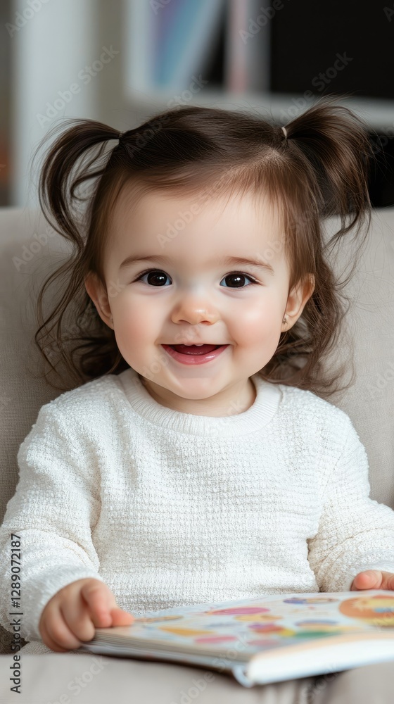 Baby girl with joyful smile enjoys reading a colorful book on a cozy couch in a warm, inviting living room setting Baby girl with joyful smile enjoys reading a colorful book on a cozy couch in a warm, inviting living room setting