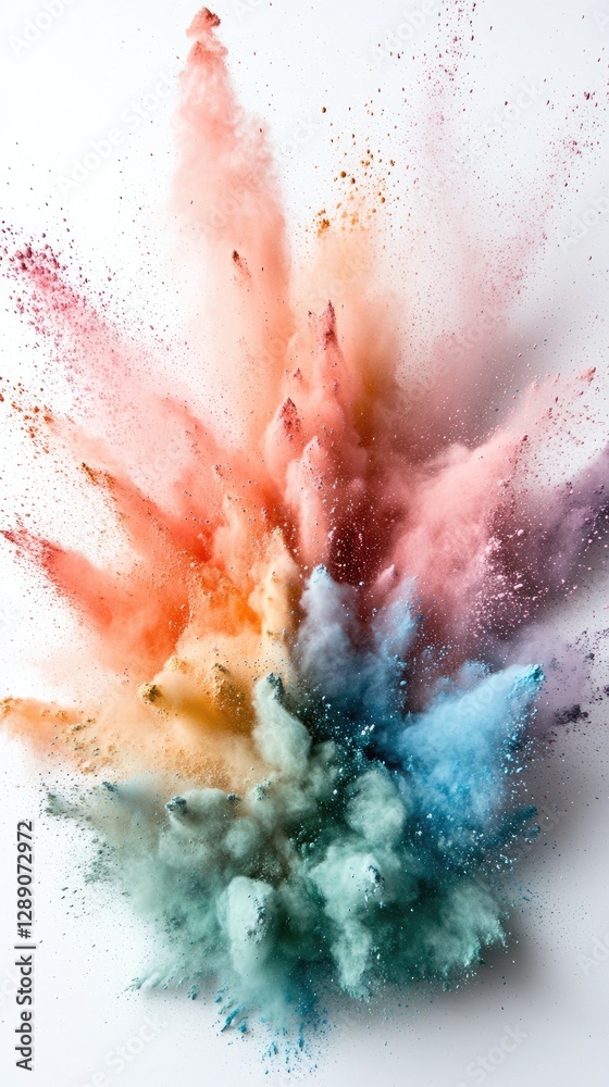 Fototapeta premium Colorful powder bursts against a white background, representing the vibrant Holi festival with ideal space for product branding