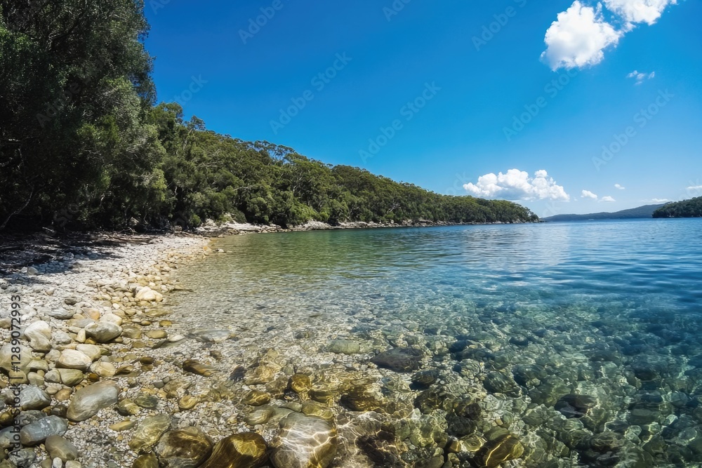 A serene lake scene with lush trees and rocky shoreline, ideal for use in outdoor or nature-inspired designs