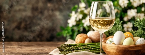 Celebrating springtime with a glass of white wine alongside decorative eggs and fresh asparagus on a rustic wooden table
