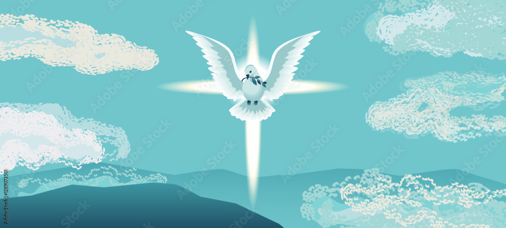 custom made wallpaper toronto digitalHoly Spirit Dove flies in blue sky religion holiday vector illustration. Sacrament biblical church cross symbol. Easter Sunday Christian event, Pentecost, Trinity church banner template background