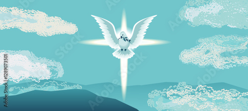 Holy Spirit Dove flies in blue sky religion holiday vector illustration. Sacrament biblical church cross symbol. Easter Sunday Christian event, Pentecost, Trinity church banner template background