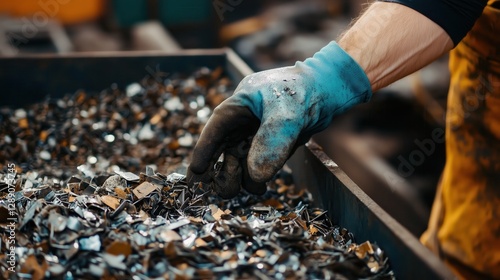 Gloved hands sift through jagged metal fragments, carefully sorting them for industrial reuse.
