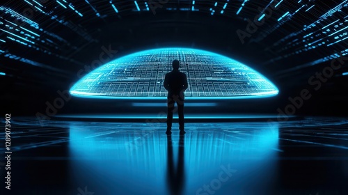 Fototapeta Naklejka Na Ścianę i Meble -  A private space CEO presenting a holographic blueprint of a nextgen interstellar spaceship