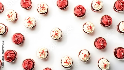 Red Velvet Cupcakes  White Cream Frosting  Sprinkles  Flatlay