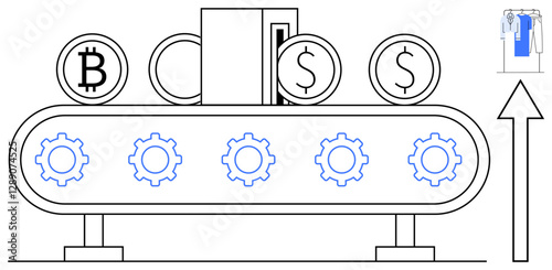 Bitcoin and dollar coins moving on an automated conveyor belt with gears, an upward arrow, and a figure pointing. Ideal for fintech, cryptocurrency, automation, technology, investment, growth