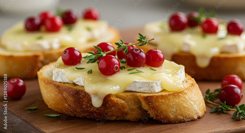 Toasted crostini topped with melted brie cheese, cranberries, and herbs.