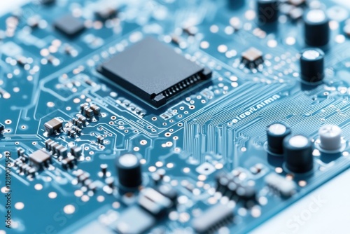A detailed view of a circuit board with various electronic components
