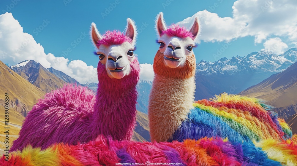 Fototapeta premium Vibrant Llama Duo Roaming the Rainbow Mountain