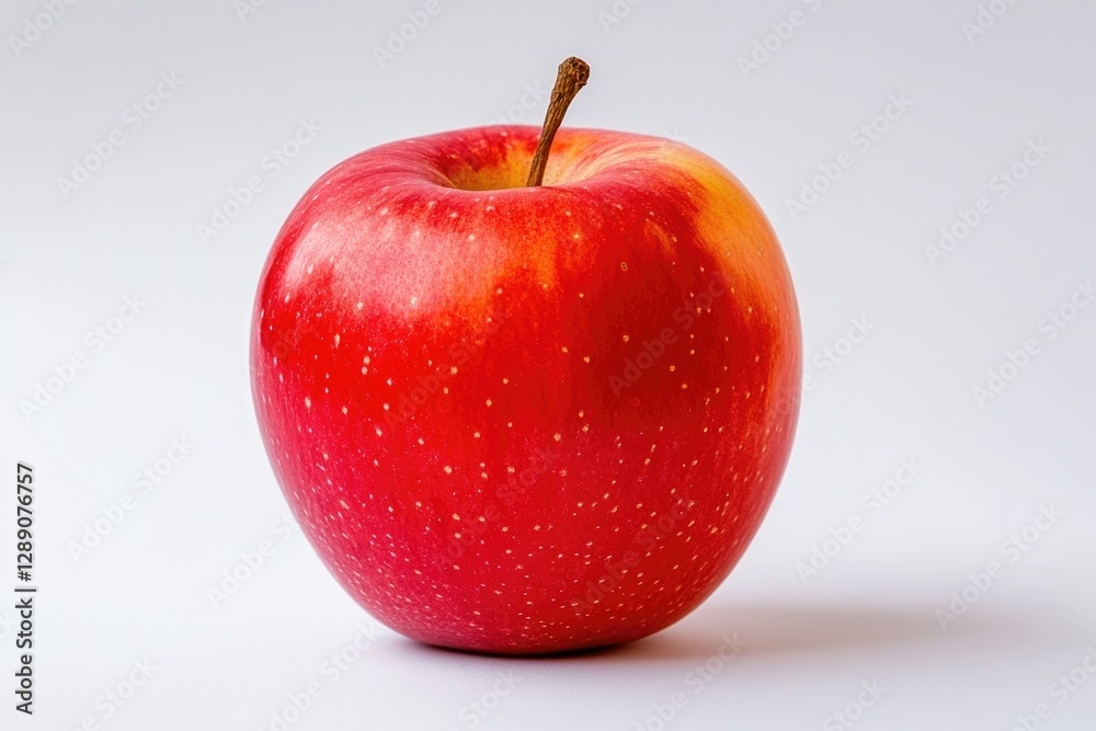 A bright red apple perched on a clean white surface, perfect for food photography or still life compositions A bright red apple perched on a clean white surface, perfect for food photography or still life compositions