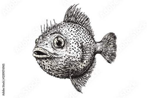 Vintage art pufferfish illustration, hand-drawn black sketch, aquatic animal, rodent, vector design, wildlife, print, engraving, antique style, sea creatures.