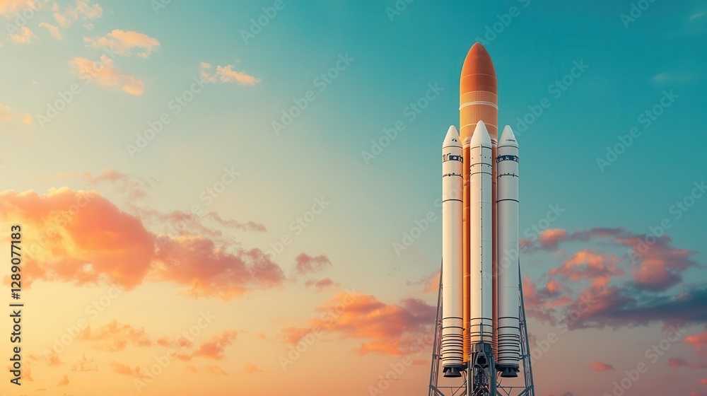 Hypermodern launch tower with automated robotic arms preparing a commercial rocket for liftoff Hypermodern launch tower with automated robotic arms preparing a commercial rocket for liftoff