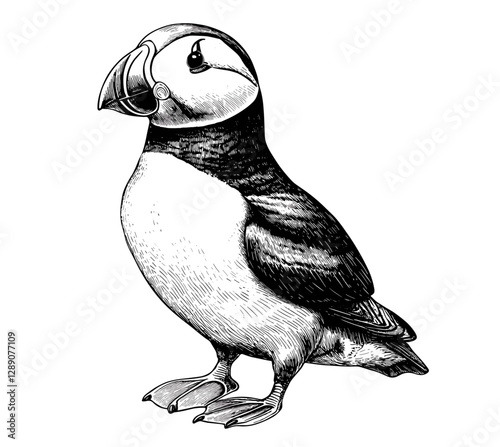 Vintage art of puffin in black sketch effect, aquatic animal illustration, trendy print design, wildlife vector, antique style, nature art, hand-drawn puffin.