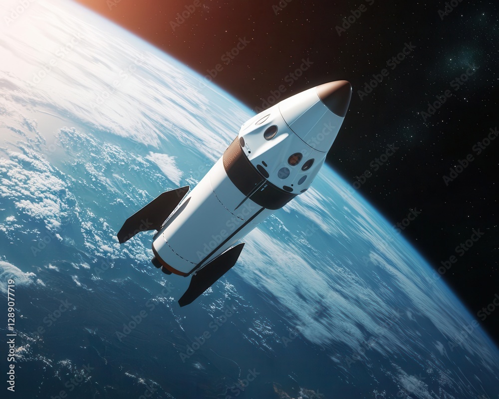 Fototapeta premium Sleek commercial spacecraft soaring past Earth, private spaceflight innovation in action