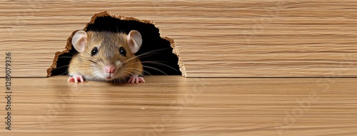 A tiny rodent is curiously peeking out from a small hole in the wooden surface, nestled in a warm, cozy indoor environment bathed in daylight