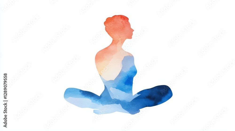 Watercolor illustration of a serene figure in a meditative pose, embodying tranquility. Watercolor illustration of a serene figure in a meditative pose, embodying tranquility.