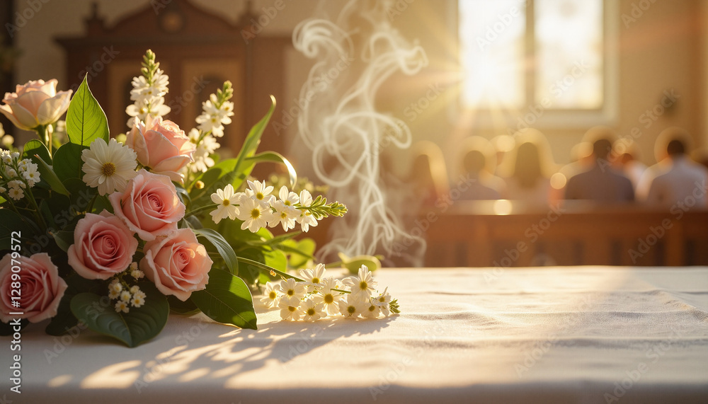 Beautiful floral arrangement with roses and lilies in church setting for wedding ceremony
